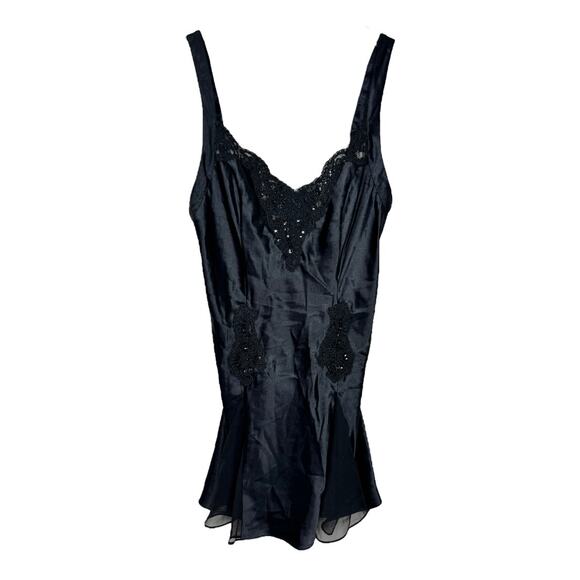 Vintage Y2K Victoria's Secret Slip Dress Teddy Medium M Black Embellished Satin - Picture 1 of 7
